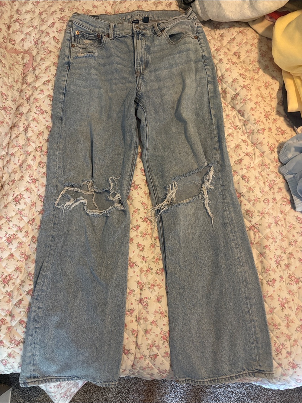 American Eagle Outfitters Light Blue Distressed Wide-Leg Jeans